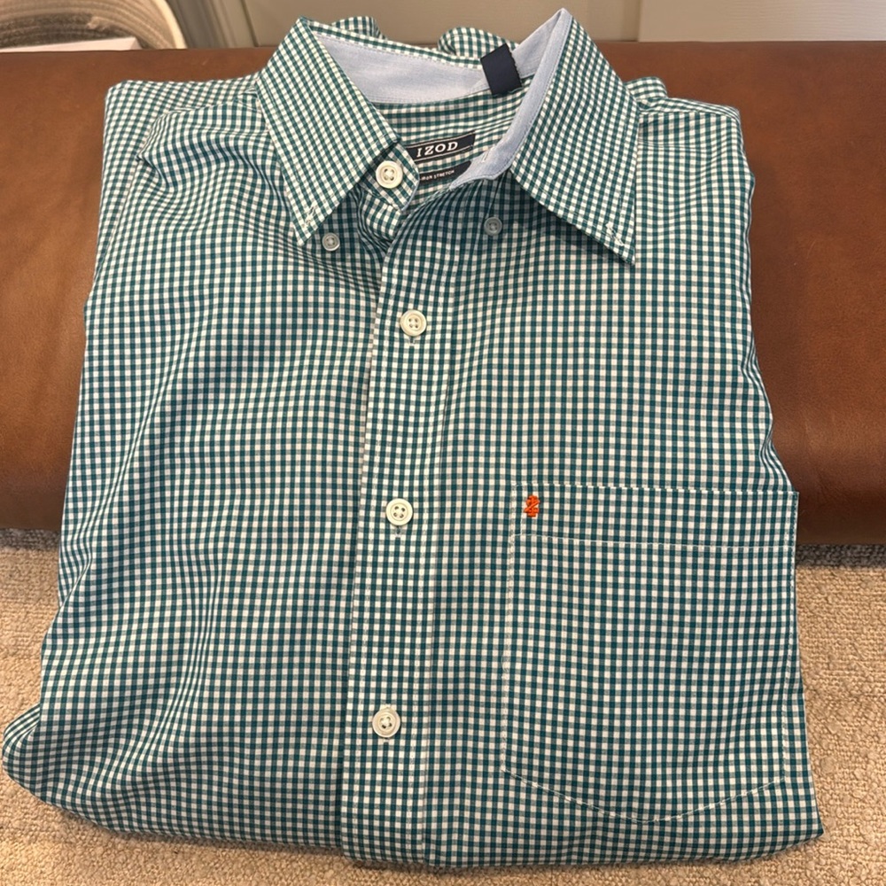 IZOD Green Checkered Non Iron Stretch Large Tall Dress Shirt.